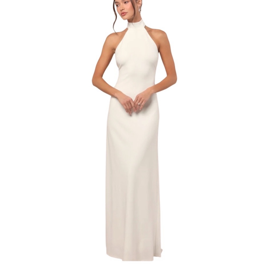 LULUS Alaura White Backless Halter Maxi Dress Gown Lined Womens Size Large